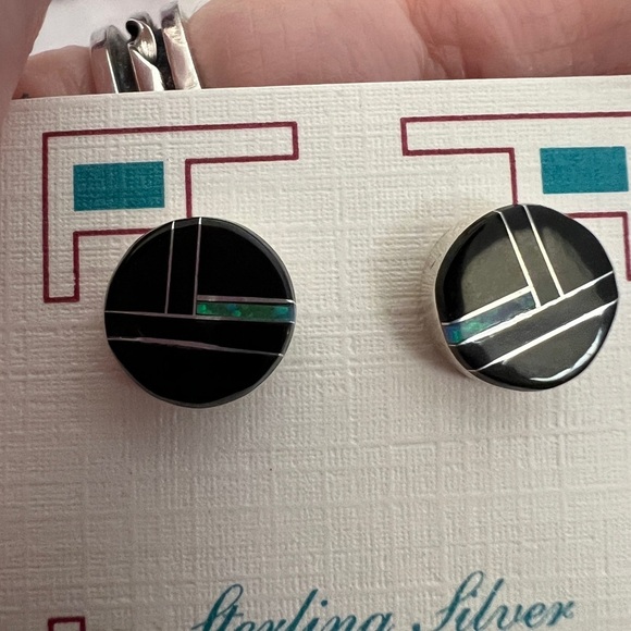 ❤️ SIGNED Native “8M” Zuni Black Onyx & Opal Stud Earrings 925 New Mexico 9.6mm - Picture 6 of 14